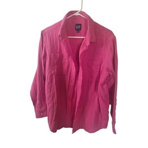 Gap Womens Cotton Gauze Button Down Shirt Magenta Pink Long Sleeve Top XS